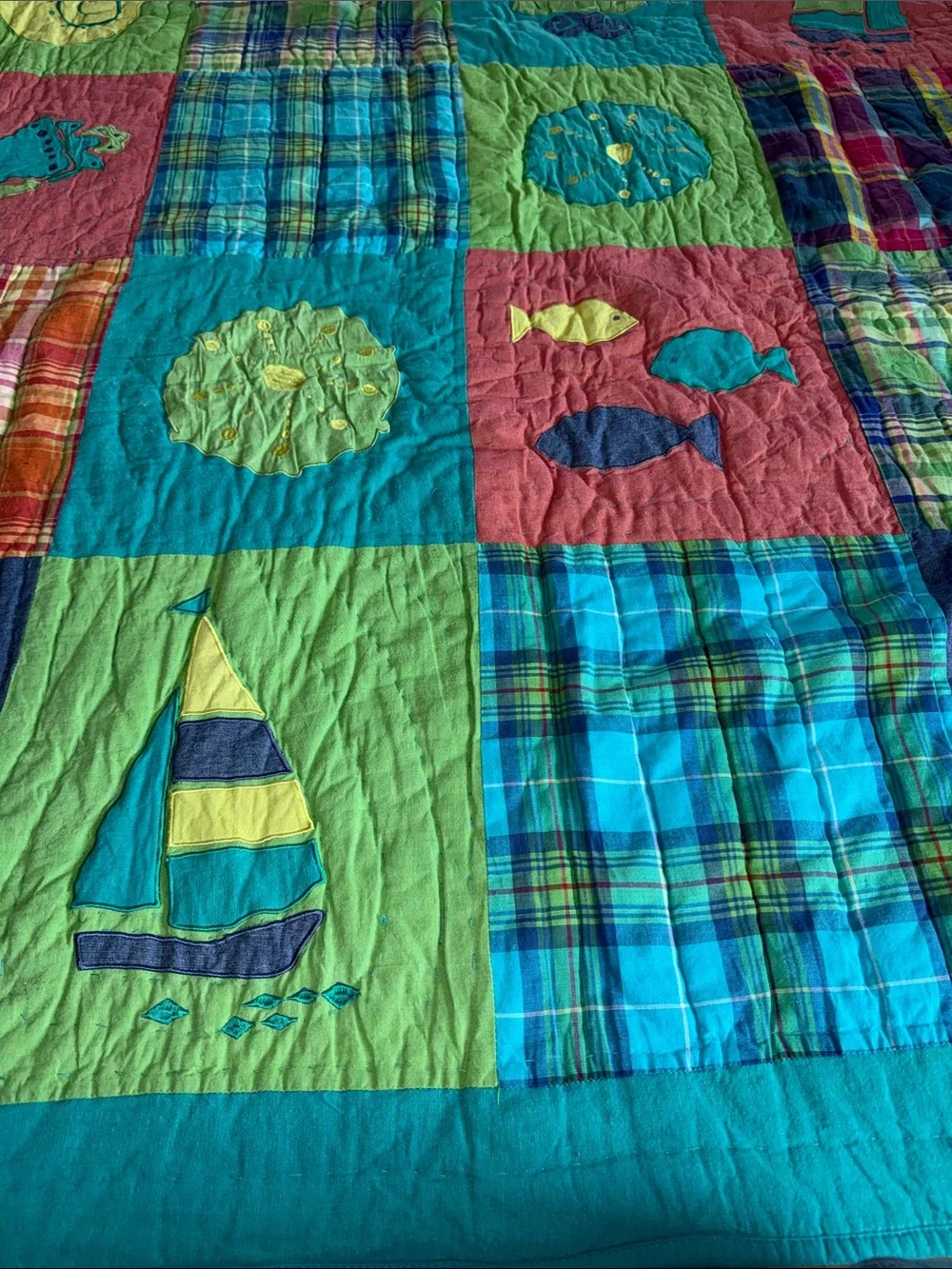 Beachy Bright Coastal Patchwork Plaid Quilt with Nautical Quilt Blocks